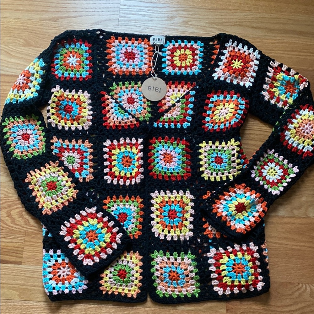 BIBI Colorful Crochet Women's cardigan Sweater XL Granny Square